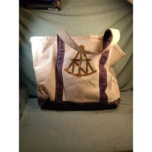 VTG LL BEAN BOAT AND TOTE BEACH BAG CANVAS NAVY TRIM 12" x 16" made in USA LOGO